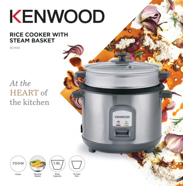Kenwood 2-in-1 Rice Cooker 1.8L 10-Cups Rice with Food Steamer Basket, Non-Stick Cooking Pot, Temepered Glass Lid, Warm/Cook Lights, Spatula Holder, Detachable Cord RCM45.000SS Silver - Image 2
