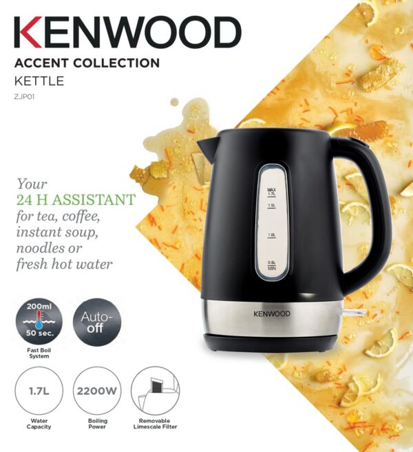 Kenwood 1.7L Cordless Electric Kettle 2200W with Auto Shut-Off & Removable Mesh Filter ZJP01.A0BK Black/Silver - Image 2