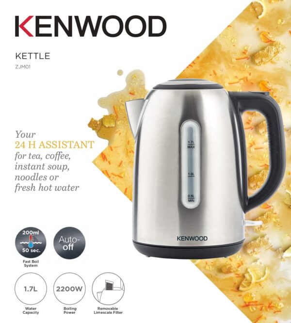 Kenwood Stainless Steel Kettle 1.7L Cordless Electric Kettle 2200W with Auto Shut-Off & Removable Mesh Filter ZJM01.A0BK Silver/Black - Image 2