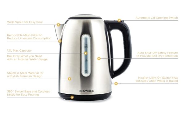 Kenwood Stainless Steel Kettle 1.7L Cordless Electric Kettle 2200W with Auto Shut-Off & Removable Mesh Filter ZJM01.A0BK Silver/Black - Image 3