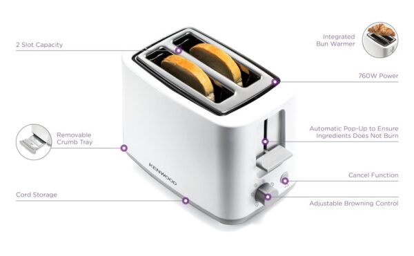 Kenwood Bread Toaster, 2 Slices, Reheat Function, Adjustable Browning Control, Cancel Function, 760 W TCP01.A0WH White - Image 2