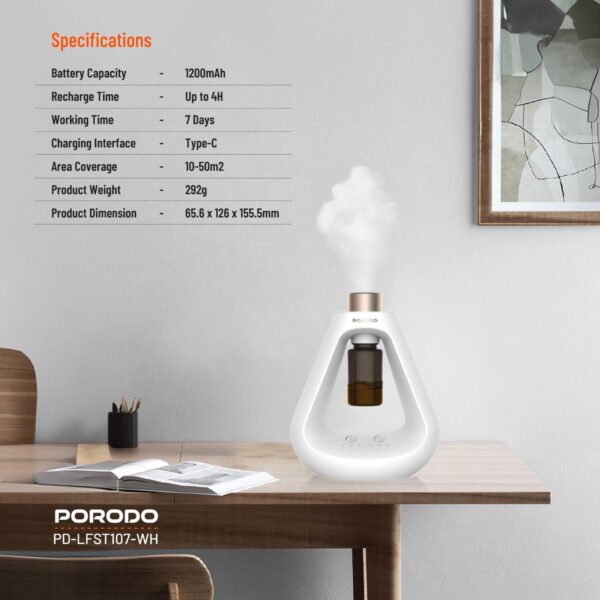 Porodo Lifestyle Aroma Sphere Waterless Diffuser, 1200mAh Battery Capacity, Cold Diffusion, 3 Mist Mode, 10ml Bottle Capacity, Up to 7 days Working Time (White) - Image 5