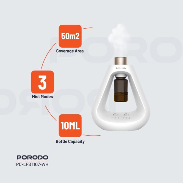 Porodo Lifestyle Aroma Sphere Waterless Diffuser, 1200mAh Battery Capacity, Cold Diffusion, 3 Mist Mode, 10ml Bottle Capacity, Up to 7 days Working Time (White) - Image 3