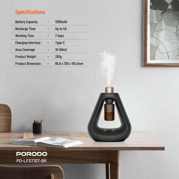 Porodo Lifestyle Aroma Sphere Waterless Diffuser, 1200mAh Battery Capacity, Cold Diffusion, 3 Mist Mode, 10ml Bottle Capacity, Up to 7 days Working Time (Black) - Image 4