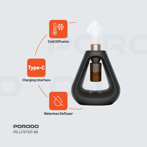 Porodo Lifestyle Aroma Sphere Waterless Diffuser, 1200mAh Battery Capacity, Cold Diffusion, 3 Mist Mode, 10ml Bottle Capacity, Up to 7 days Working Time (Black) - Image 6