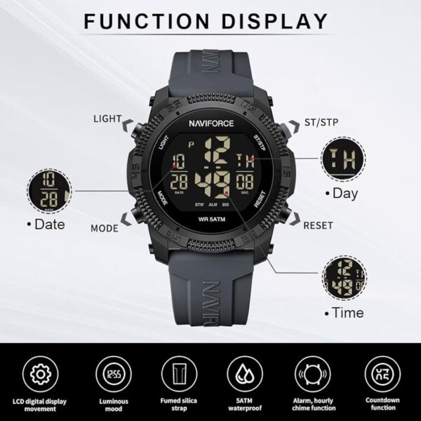 Naviforce Sports Waterproof Men Digital Watch - Black Gray - Image 3