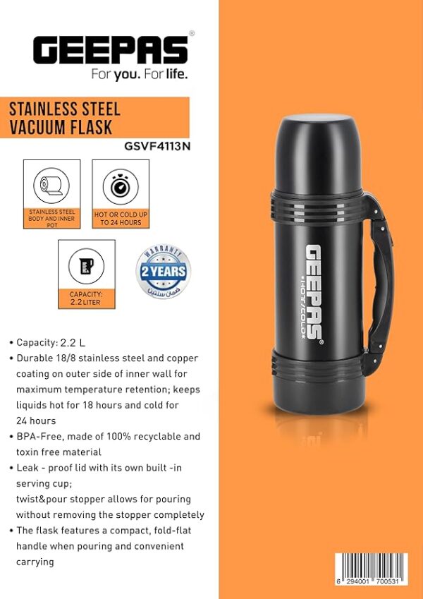 Geepas 2.2L Vacuum Flask Stainless Steel GSVB4113