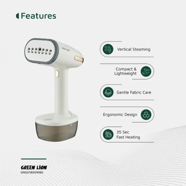 Green Lion Garment Steamer 1800W – 20-Min Powerful Steam, 32g/min Flow, 350ml Tank, Fast 35s Heat, Stainless Steel Head, Fabric-Safe, Overheat Protection - Image 2