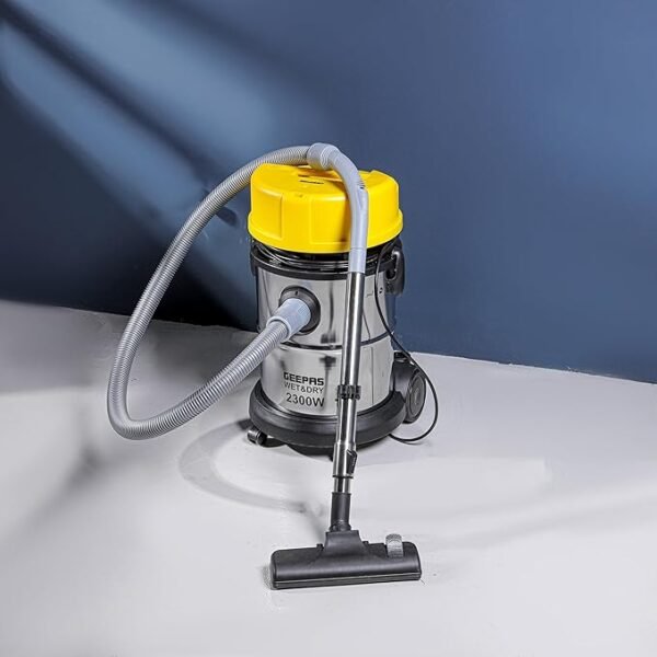 Geepas 25L Wet and Dry Stainless Steel Vacuum Cleaner, 2300W Power, Adjustable Suction, Elegant Silver/Black/Yellow Body – GVC19011N - Image 2
