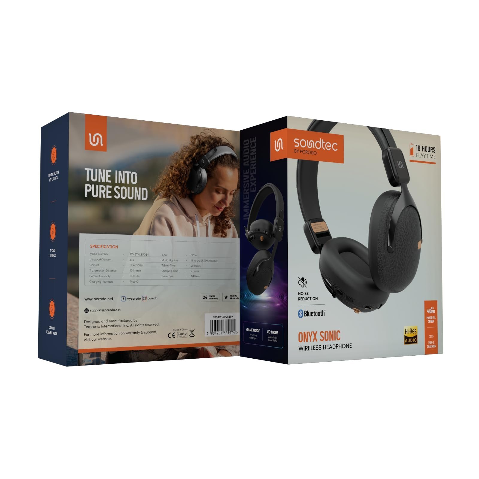 Porodo Soundtec Onyx Sonic Wireless Headphones - ANC | 18Hrs Play Time - Image 2
