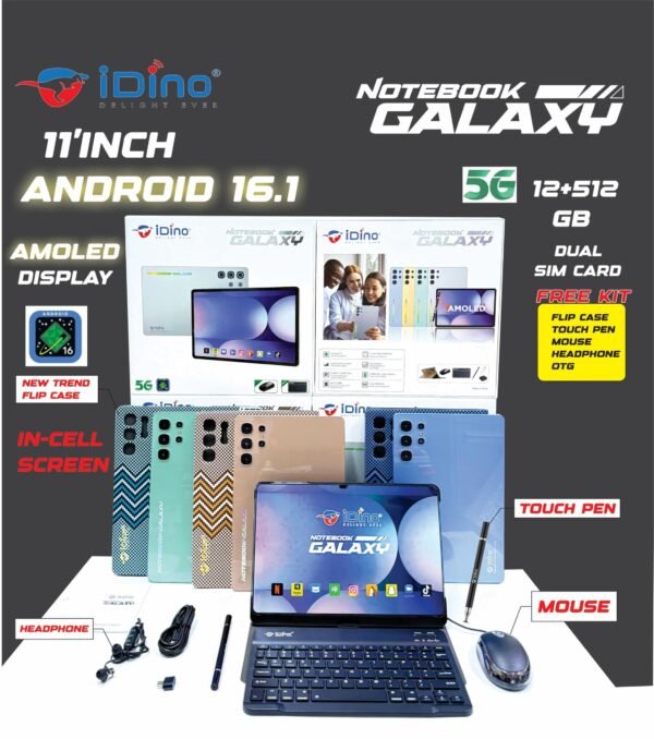 Idino Notebook Galaxy 5G 11 inch PC Android Tablet 12GB RAM, 512GB ROM Android 16 Dual SIM 12000 mAh Battery