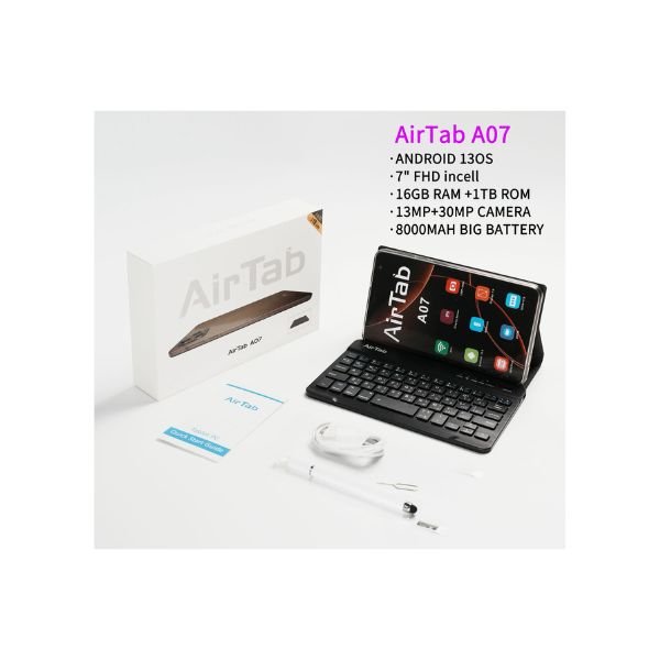 Airtab A07 Tablet with Keyboard 7 inch FHD Screen 1TB Internal Memory 16GB RAM with Powerful 8000mah Battery Black